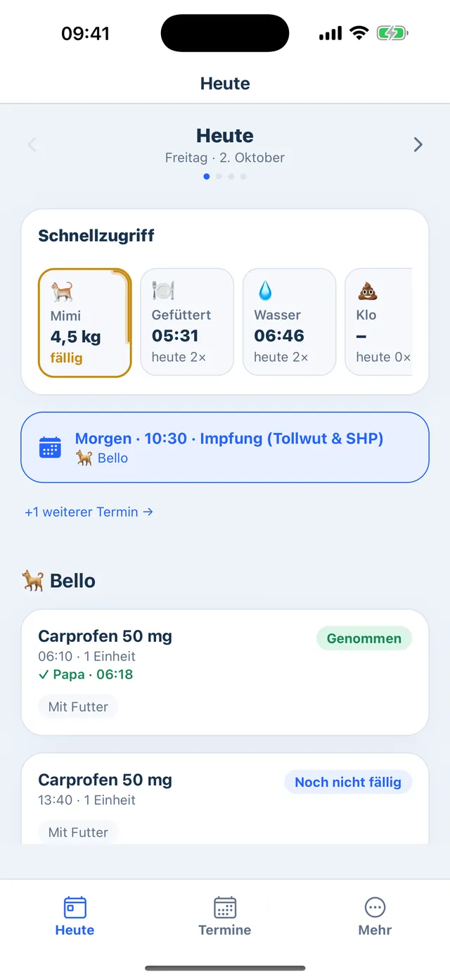 Nurelio Pet: Heute-Ansicht mit Schnellzugriff, nächstem Termin und den Gaben je Tier