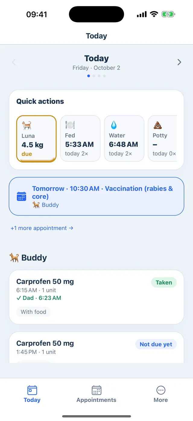Nurelio Pet: Today view with quick actions, the next appointment and each pet's doses