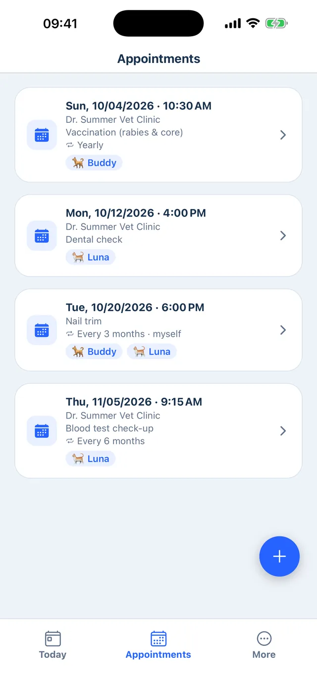 Vet appointments, including recurring ones