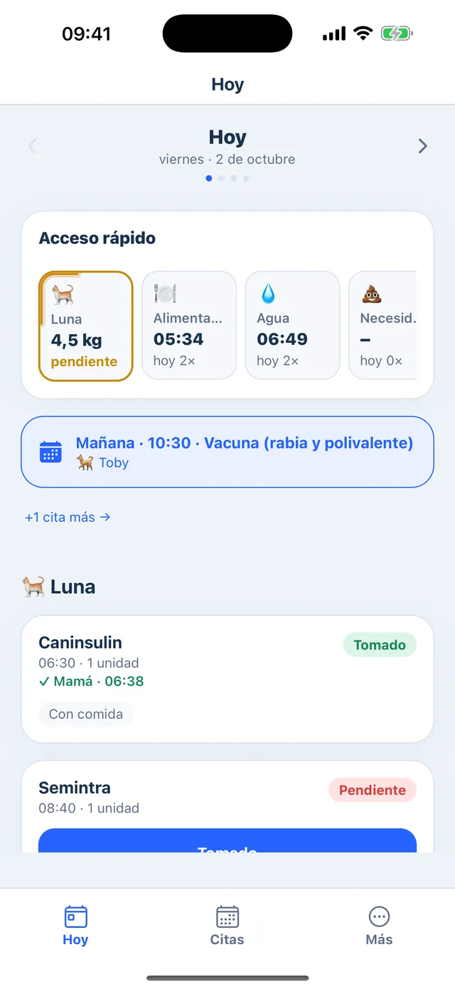 Nurelio Pet: vista «Hoy» con acceso rápido, la próxima cita y las tomas de cada mascota