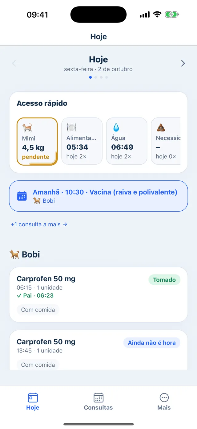 Nurelio Pet: vista Hoje com acesso rápido, próxima consulta e as tomas de cada animal